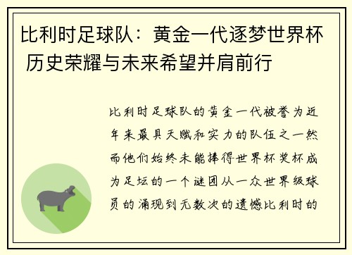 比利时足球队：黄金一代逐梦世界杯 历史荣耀与未来希望并肩前行