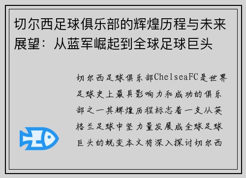 切尔西足球俱乐部的辉煌历程与未来展望：从蓝军崛起到全球足球巨头