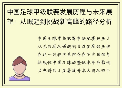 中国足球甲级联赛发展历程与未来展望：从崛起到挑战新高峰的路径分析