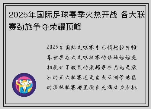 2025年国际足球赛季火热开战 各大联赛劲旅争夺荣耀顶峰