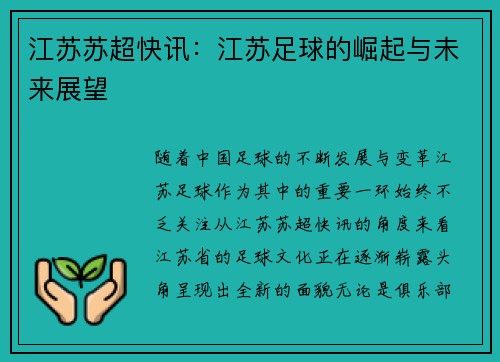 江苏苏超快讯：江苏足球的崛起与未来展望
