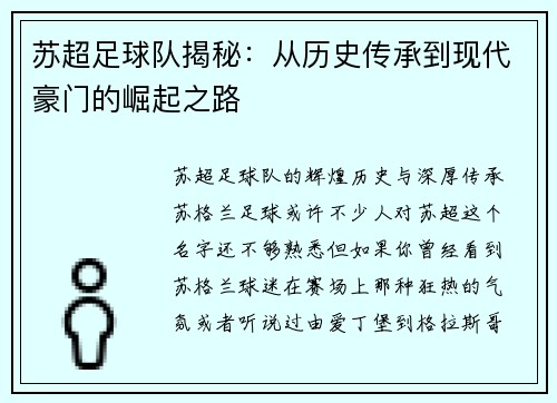 苏超足球队揭秘：从历史传承到现代豪门的崛起之路